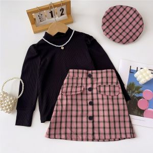 Bear Leader Autumn Girls Three Piece Clothes Set Baby Solid Color High Neck Base Shirt + Plaid Skirt + Hat Suit Fashion New Autumn Kids Clothing Outfits 3-7 Years