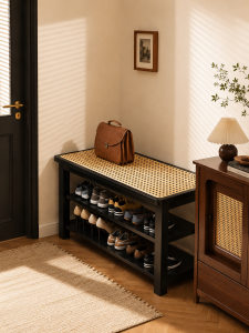 SAMEDREAM | Vintage Entryway Shoe Changing Bench with Storage Real Wood Wicker Weaving