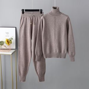 New Autumn Winter Women High Neck Elegant Knit Sweater Top Pants 2-piece Set Long-sleeved Pullovers Casual Loose Womens Clothing