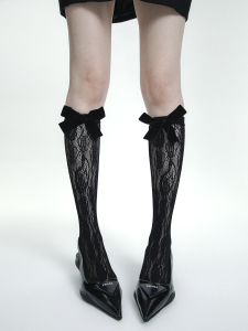 Sweet Style Hollow out Lace Butterfly Knot Cool Girl Thin Mid-Calf Stockings Womens Long Tube Socks Summer Thin Cotton Polyester