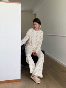 Bộ Quần Áo Gia Đình Cổ Tròn Dài Tay Phong Cách Hàn Quốc Chấm Bi Đồ Ngủ Bộ Quần Áo Gia Đình Dài Tay Mùa Thu Mùa Đông Bộ Đồ Ngủ Thoải Mái Nữ