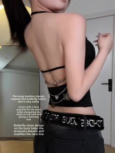 chaqi | Spicy Girl Black Backless Neck Hanging Small Vest Womens Summer New Style With Chest Pad Pure Desire Beautiful Back Strap Top