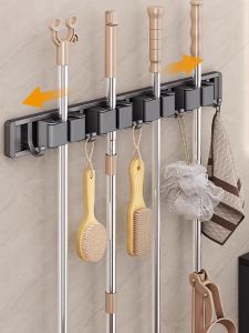 Wall-Mounted Broom Holder Bathroom Hook Sweep Storage Organizer Aluminum Alloy Sticky Hook Household Cleaning Tool Rack