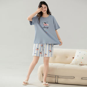 Miiow | Pure Cotton Short Sleeve Sleepwear Set For Women Summer Anti-Mite Cute Home Clothes Comfortable Breathable Round Neck Nightgown