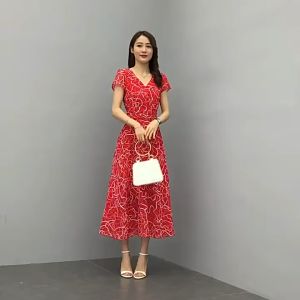 elegantstunning Women Short Sleeves Dress Sweet Floral Printing Elegant V Neck High Waist Large Size Dress