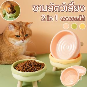 【Clitomk】ชามอาหารสัตว์เลี้ยง ชามอาหารแมว  ทรงยกสูง  น่ารักมินิมอล 2ชั้นถอดได้
