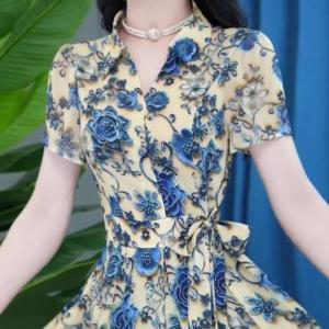Fashionable Short Sleeve Midi Dress Womens Summer New Style Elegant Waist-Cinching Slimming Floral Print Skirt High Waist A-Line Dress