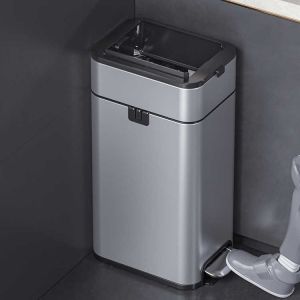 Plexor Rectangular Stainless Steel Trash Can Wastebasket with Lid Soft Close and inner Bucket Large Capacity Step Pedal Meta Garbage CanSilver/White Dog Proof Garbage Container Bin for BathroomBedroomKitchenOffice