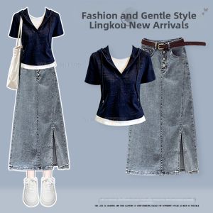 NUMEN BUTTON | Plus Size Lazy Fashion Style Sweater And Jeans Skirt Set