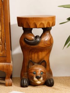 TAIMUJIA | Cat-Shaped Handcarved Solid Wood Stool for Changing Shoes and Home Decoration