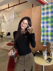 Retro Fake Two-Piece Plaid Stitching Lapel Long Sleeves T-shirt Female Fall and Winter Stylish Small Man Slim-Fit Underwear Top