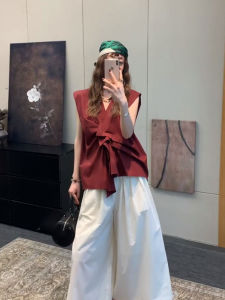 YUFUQING | Red Sleeveless V-neck Pleated Asymmetrical Shirt Womens Loose Top Summer New Design Sensation Elegant Fashion Polyester Fiber