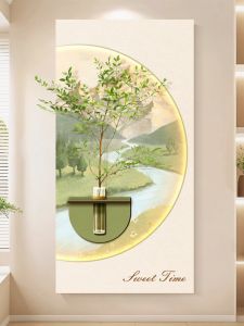 ภาพตกแต่งทางเข้าบ้านแบบเรียบง่ายและมีมิติ LED ภาพพื้นผิวสีครีม ภาพติดผนังในทางเดินที่มีพืช สไตล์โมเดิร์น ไร้กรอบ