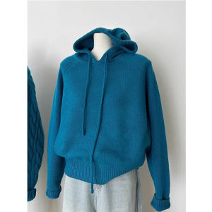 BINKAFENNY | Blue Long Sleeve Knitted Hoodie Womens Loose Comfortable Sweater Korean Style Autumn Winter New Arrival Soft Cozy Cardigan