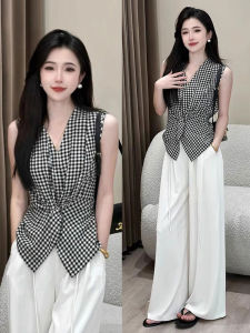 XUECAIQI | Slim Waist Checkerboard Sleeveless Top Wide Leg Pants Set