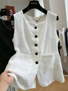 Áo Vest Vải Lanh Cotton Màu Trắng Cao Cấp Dành Cho Nữ Mùa Hè 2024 Áo Vest Nữ Dáng Ôm Vừa Vặn Cổ Tròn Một Nút