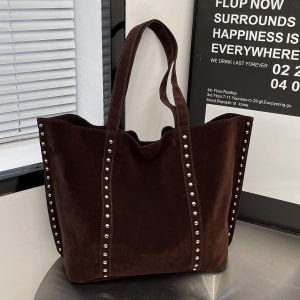 Vintage Suede Leather Rivet Tote Bag Womens Fashion Commuter Shoulder Bag Soft Handbag Magnetic Buckle Closure Large Capacity