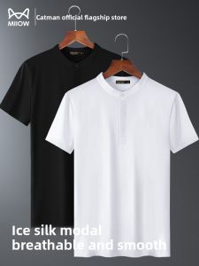 Miiow | Cat Person Ice Silk Modal Short Sleeve Breathable Mens Polo Shirt Lightweight Half Sleeve Summer Soft Comfortable Standard Fit