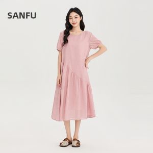 SANFU | French Style V-Back Bind Belt Pocket Loose Round Neck Dress