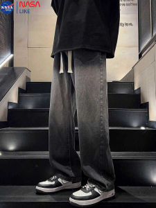 NASA Gradient Fleece Lined Wide Leg Straight Cut Jeans for Men Casual Spring Autumn Winter Trendy Brand Youthful Cotton Denim