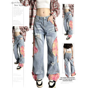 กางเกงยีนส์ทรงหลวมเอวสูงสไตล์อเมริกันย้อนยุค กางเกงขายาวทรงขากว้าง ทรงหลวม กางเกงยีนส์ทรงหลวมสำหรับผู้หญิง ฤดูใบไม้ผลิและฤดูใบไม้ร่วง