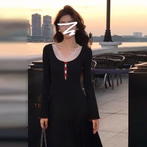Black Lace Trim Long Sleeve Dress Womens Autumn Winter French Style Elegant Inner Wear Slim Fit Wrap around Long Skirt