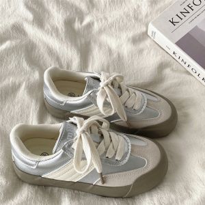 Silver Retro Dequn Shoes Womens Casual Sports Shoes Spring Autumn Thick Bottom Flat Shoes Comfortable Breathable Mesh Inner