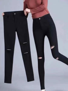 Summer Thin Womens Base Layer Pants Elastic Hole Design Slim Fit Pencil Black Pants Casual Versatile Outerwear Trousers