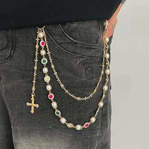 KunJoe Punk Imitation Pearl Rhinestone Keychain Belt Chain Men Women Hip Hop Jesus Cross Pendant Trousers Hipster Pants Chain