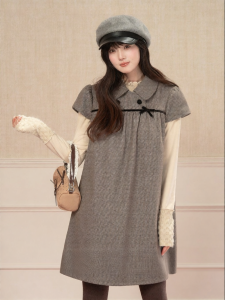 loveheynew | Đầm Tay Ngắn Cổ Xếp Nơ Caro