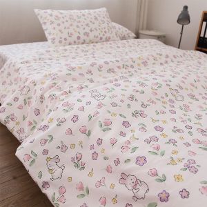 Pure Cotton Cartoon Bedding Set for Girls Four-Piece Bed Sheet Cover Pillowcase Quilt Cover Romantic Flower Rabbit Design