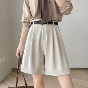Beige Suit Shorts Women Summer Thin High Waist Slim A-Line Small Size Wide Leg Five-Quarter Pants Comfortable Breathable Polyester Fiber