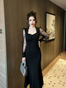 Váy Liền Mẫu Mới Váy Đen Dài Tay Cổ Vuông Kiểu Pháp Váy Ôm Mông Đuôi Cá Tay Phồng Phối Voan Lưới Khí Chất Quý Cô