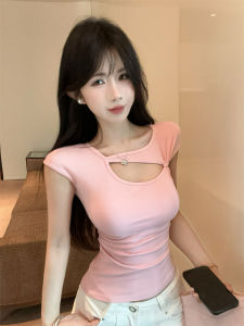 GUZILIAN | Slim Fit Short Sleeve T-Shirt Womens Summer Casual Hollow Out Waist Cinching Spicy Girl Versatile Trendy Commute Style Top
