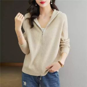 Korean Style Loose Long Sleeve Zipper Knitted Cardigan Womens Fashion Thin Sweater Jacket with Hood 2024 Spring Autumn