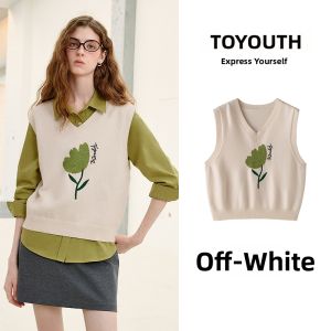 Toyouth | V-Neck Knit Sleeveless Vest for Women Autumn Campus Style with Plant Jacquard
