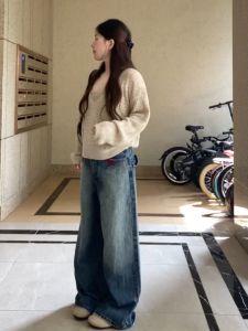 Extended Long Rhinestone Straight Leg Jeans Womens High Waist Wide Leg Pants Loose Fit Denim Jeans Autumn New Style