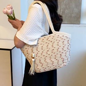 QNQN กระเป๋าแฟชั่นทอ Tote กระเป๋าสตรีลำลองกระเป๋าชายหาดกลางแจ้งกระเป๋าช้อปปิ้งแบบพกพาความจุขนาดใหญ่ใต้วงแขน