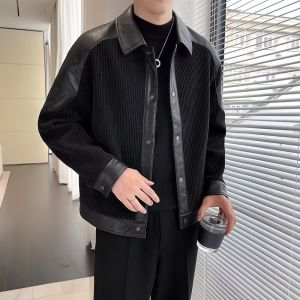 Trendy PU Jacket for Men Casual Flip Collar Light Mature Style Spring Autumn Corduroy Splicing Outerwear Slim Fit Long Sleeve