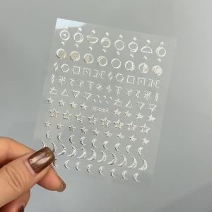 1Pcs 3D Silver Nail Stickers Star Moon Sun Geometric French Lines Self-Adhesive Nail Decals for Women Girls DIY Manicure Salon