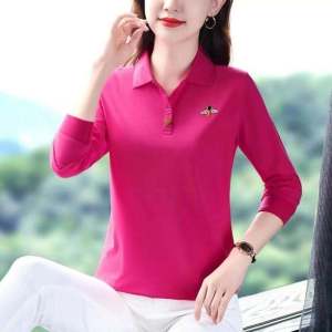 เสื้อยืดคอโปโลแขนยาวผู้หญิง ฤดูใบไม้ร่วงปี 2024 เสื้อเชิ้ตคอปกพับแบบลำลอง ทรงหลวม ผ้าโมดอล คอกลม แฟชั่นสำหรับผู้หญิง