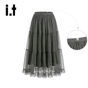 Spring Grey Tulle Pleated High Waist Comfortable Loose Fitting Long Half Skirt