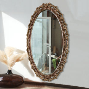 Retro Wall Mounted Oval Bathroom Mirror Artistic Makeup Mirror Entrance Decorative Mirror Customizable Wooden Material
