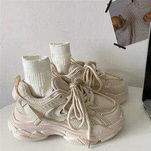 XiShu Black Thick-Soled Womens Casual Sneakers with Retro HongKong Style Design and Cross Strap for Youth