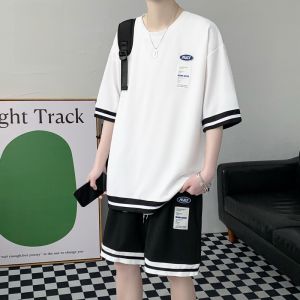 ROMON | Romon Mens Summer Thin Short Sleeve T-Shirt Shorts Set Casual Sports Basketball Uniform Two-Piece Trendy Brand Youth Polyester Fiber