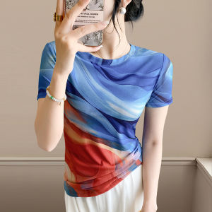 YIMEI เสื้อมัดย้อมเสื้อเชิ้ตแขนสั้นสำหรับผู้หญิงเสื้อยืดพิมพ์ลายแฟชั่นตาข่ายใหม่สลิมฟิตอีลาสติกฤดูร้อน2025