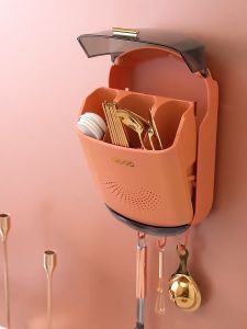 Hộp đựng đũa muỗng có nắp đậy gắn tường Ống đựng đũa treo tường chống bụi kèm 3 móc treo