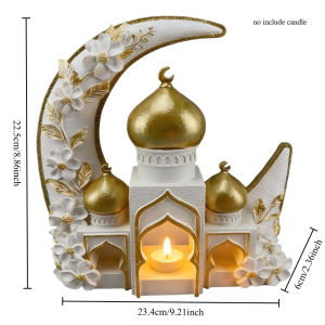Islamic Eid Mubarak Moon Mosque Tealight Holder Ramadan Festival Home Decor Resin Ornament Muslim Celebration Festivities Gift