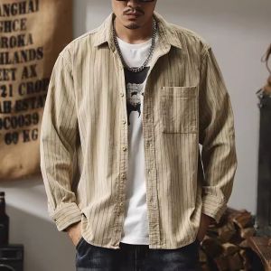 American Long Sleeves Shirt Mens Autumn Loose Fashion Brand Ins Corduroy Stripes Shirt Mens Casual Men Outwear Fashion