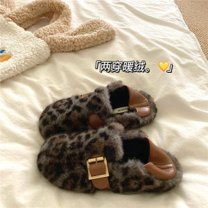 Fashionable Leopard Print Fleece Lined Cotton Slippers Womens Winter Warm Woolly Slip-On Shoes mid Heel Comfortable Home Slippers